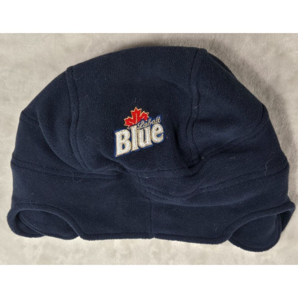 Labatt Blue Fleece Ear Flap Hat Touque Vintage Beer Winter Hockey Bomber